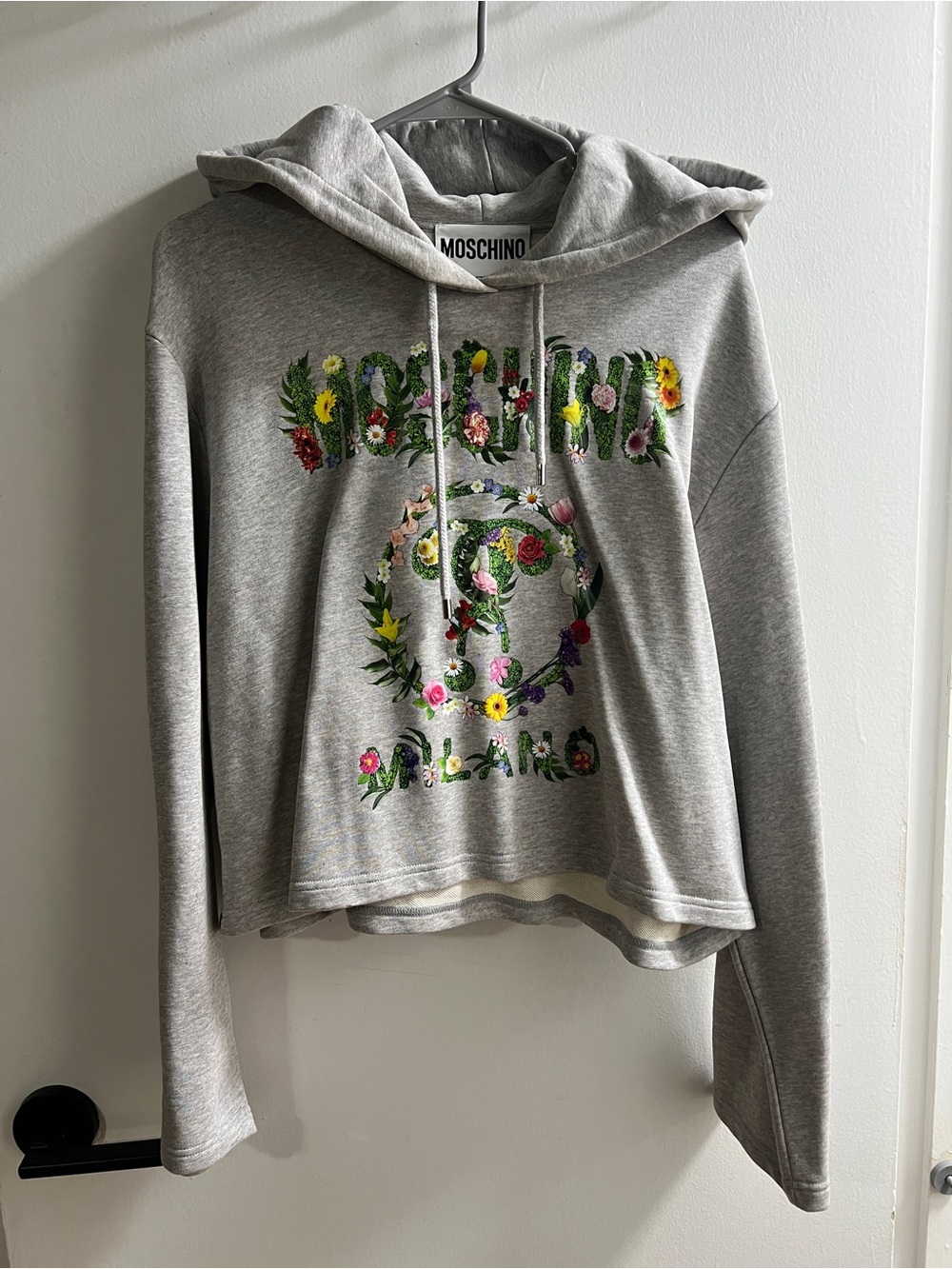 Moschino Cropped Pullover Hoodie - Gray with Floral Logo